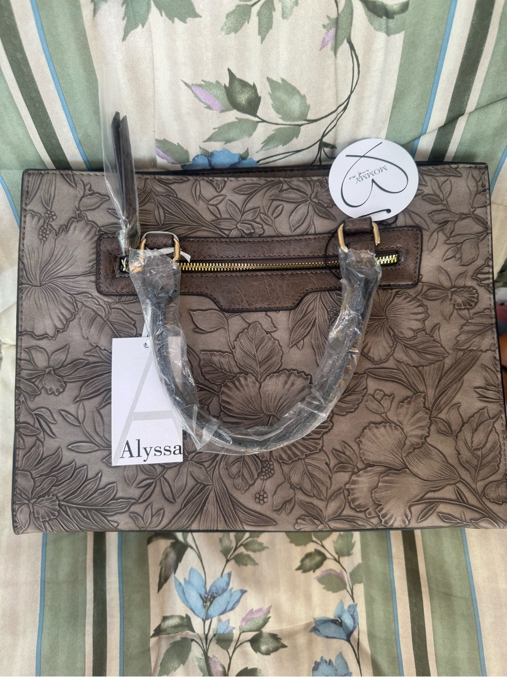 Floral Embossed Tote Bag in stone color